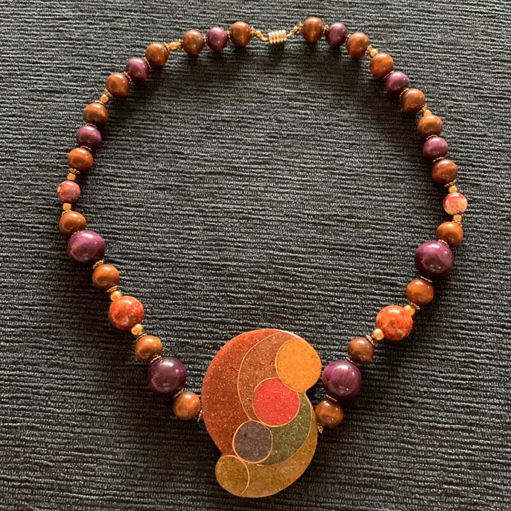 Women’s Wood & Resin Beaded Necklace with Artistic Pendant